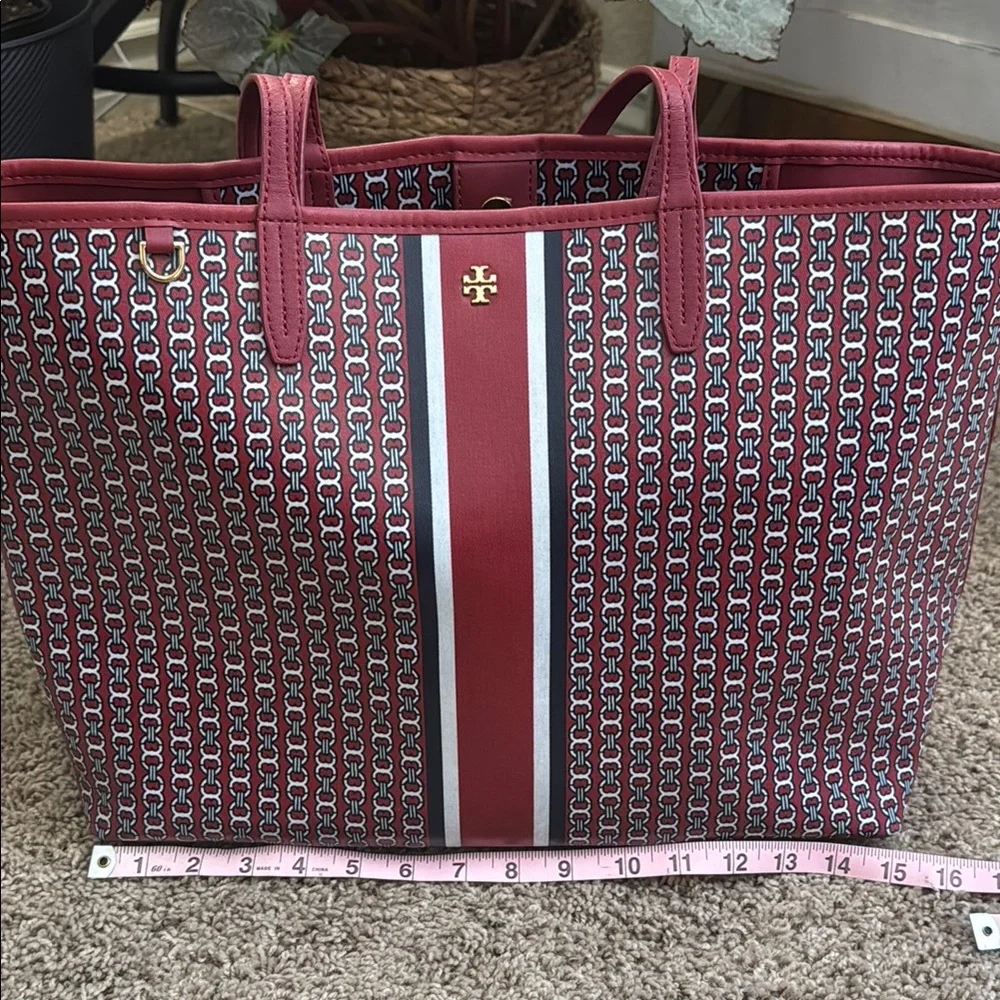 Tory Burch Red Logo-Pattern Gemini Link coated canvas tote bag